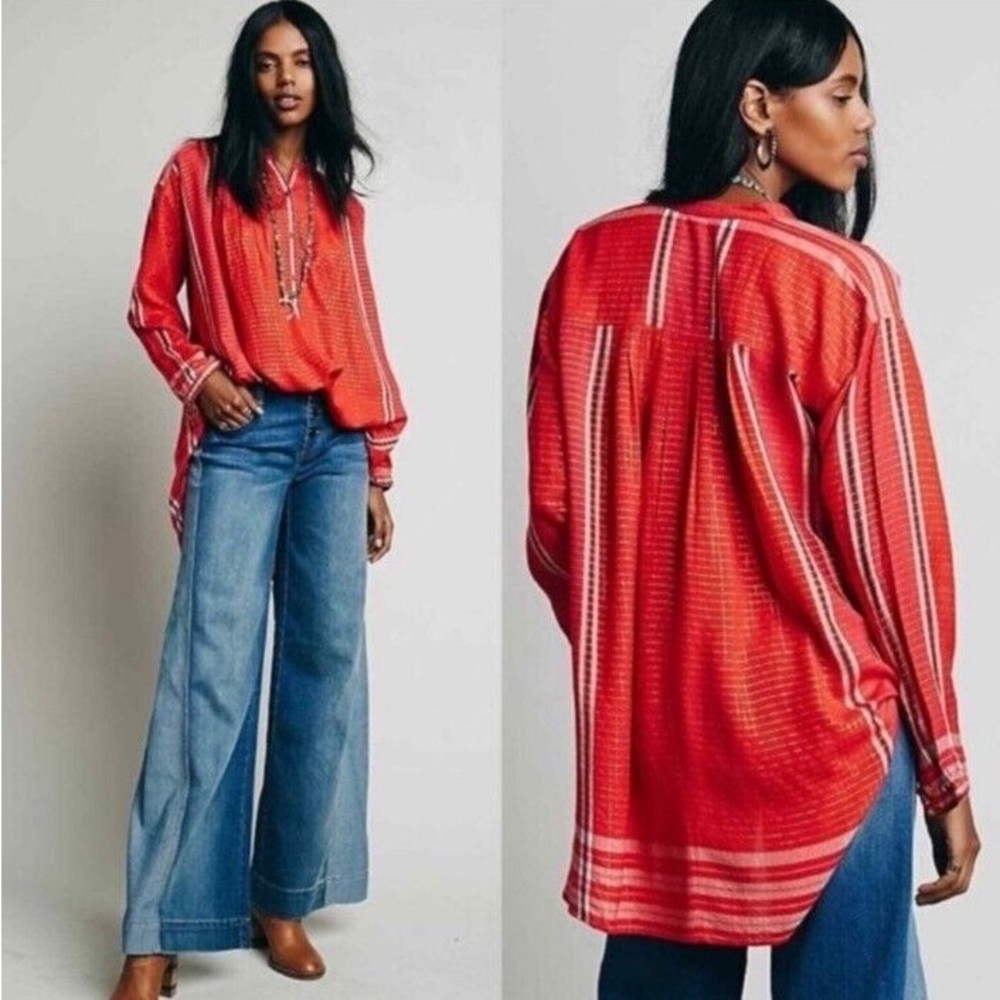 Free People Oversized Popover Tunic Shirt Red Gold